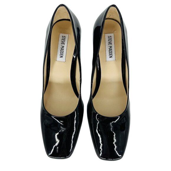 Steve Madden Black Patent Synthetic Leather Square Toe Chunky Block Heel Shoe 8M - Picture 3 of 7